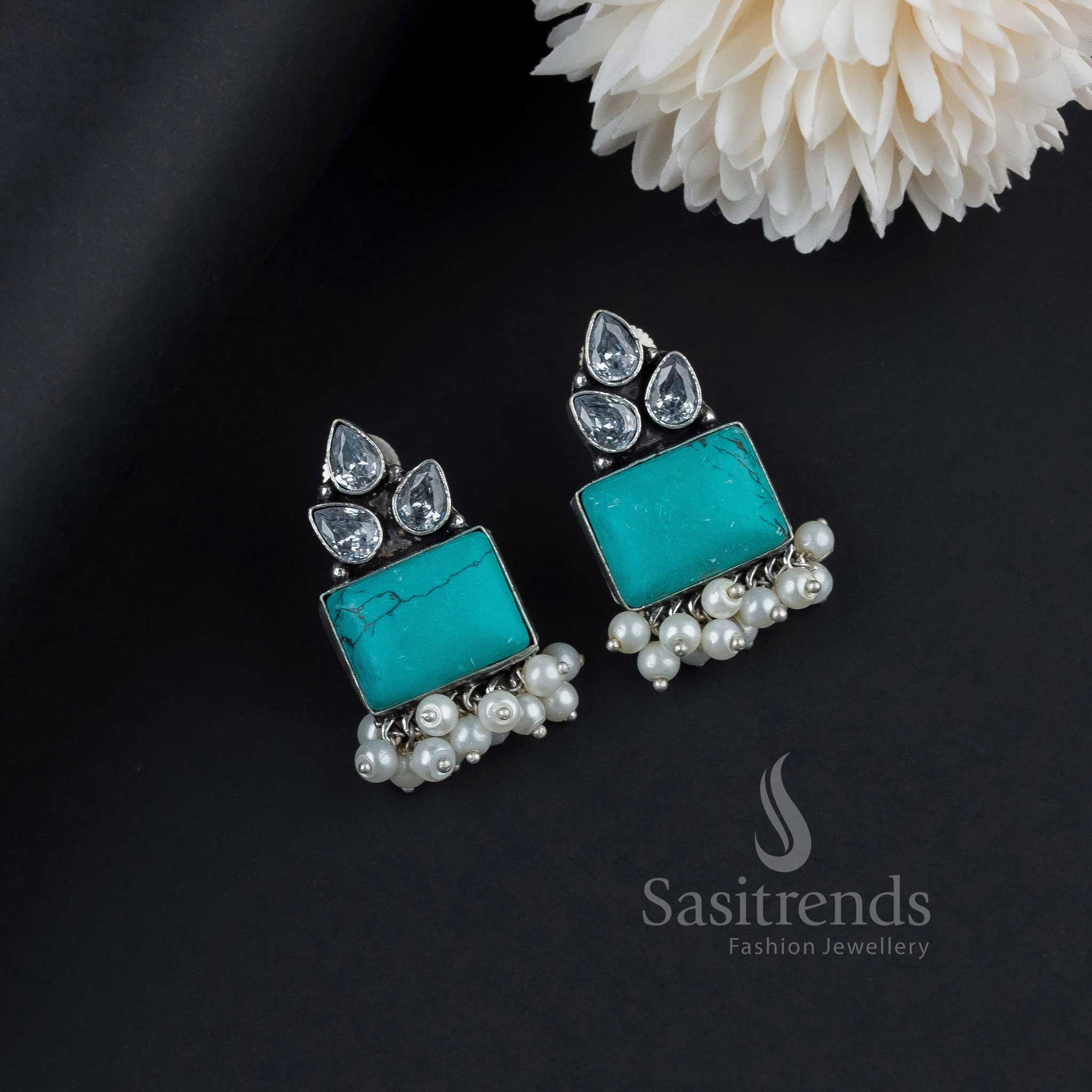 Bohemian Turquoise Oxidised German Silver Earrings Accented With AD And Monalisa Gems Alongside Elegant Pearls – Artistic Jewellery For Unique Style - Sasitrends
