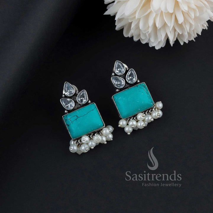 Bohemian Turquoise Oxidised German Silver Earrings Accented With AD And Monalisa Gems Alongside Elegant Pearls – Artistic Jewellery For Unique Style - Sasitrends