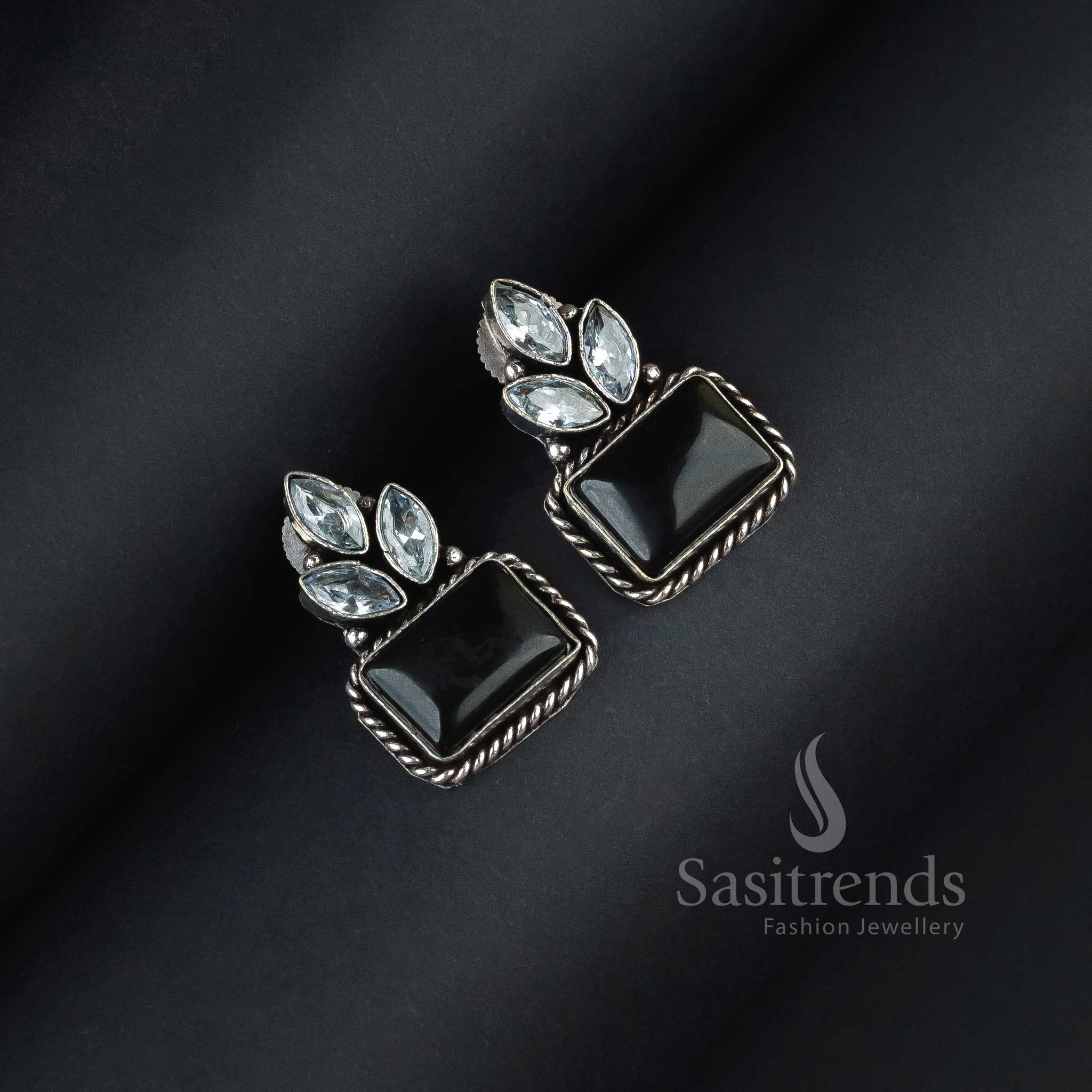 Beautiful Black Oxidised Silver Rectangular Monalisa Earrings With Dazzling AD Stones – A Royal Statement Jewellery Design With Timeless Elegance - Sasitrends