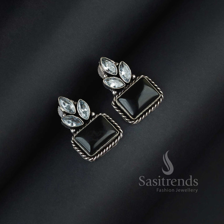 Beautiful Black Oxidised Silver Rectangular Monalisa Earrings With Dazzling AD Stones – A Royal Statement Jewellery Design With Timeless Elegance - Sasitrends