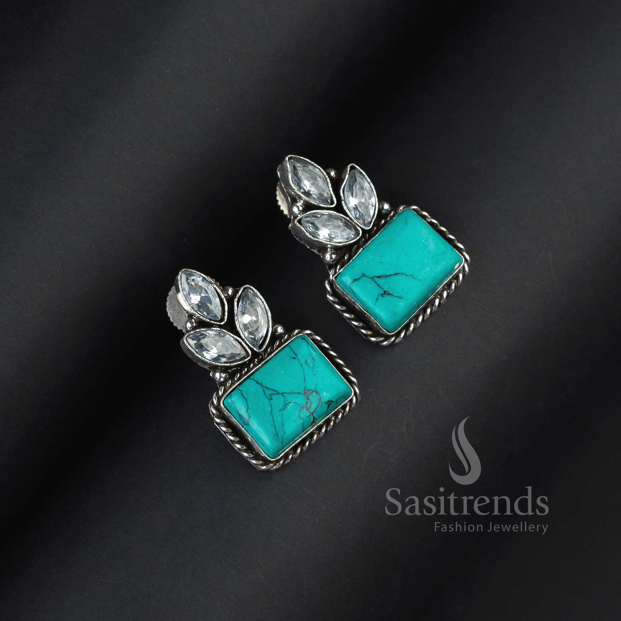 Boho Turquoise Oxidised Silver Rectangular Earrings Adorned With Stunning Monalisa And AD Stones – An Artistic Hand-Crafted Jewellery Beauty - Sasitrends