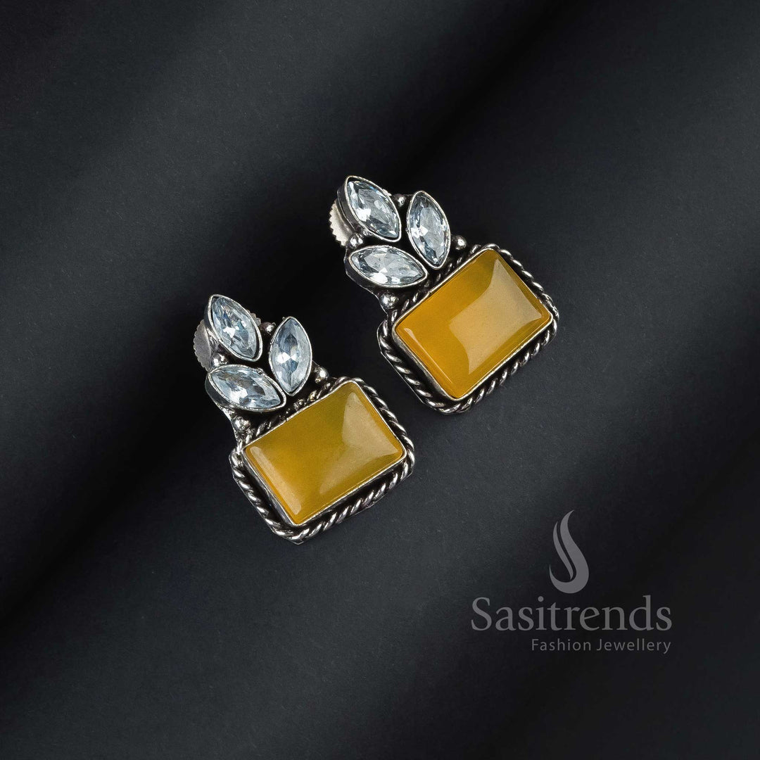 Bright Yellow Oxidised Silver Rectangular Earrings With Monalisa Sparkle And AD Embellishment – A Vibrant Festive Jewellery Set - Sasitrends