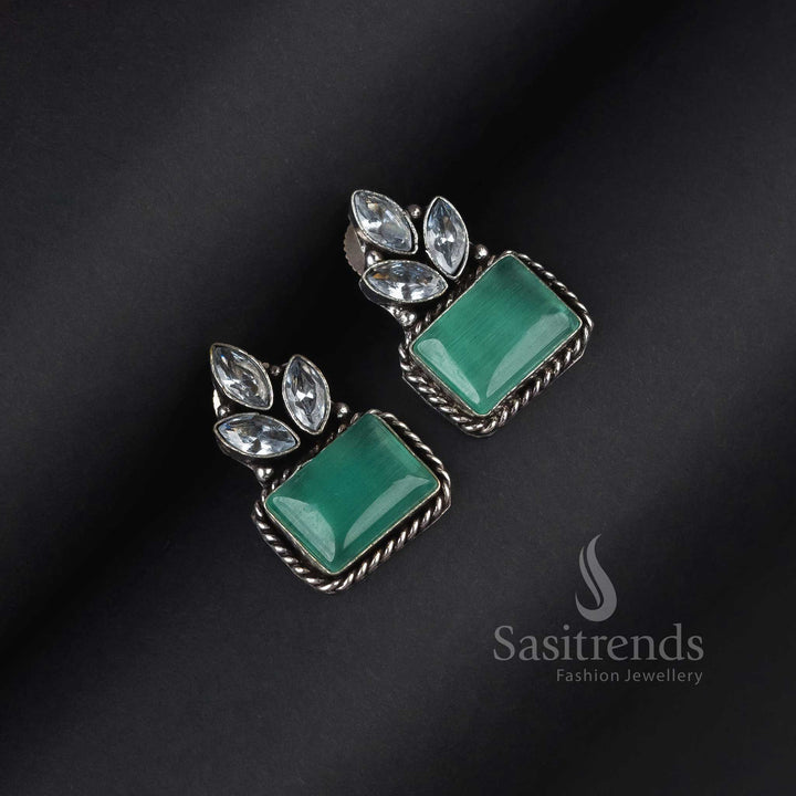 Chic Mint Oxidised Silver Rectangular Earrings With Monalisa Shine And AD Stones – A Trendy Fusion Jewellery Look For Everyday Glam - Sasitrends
