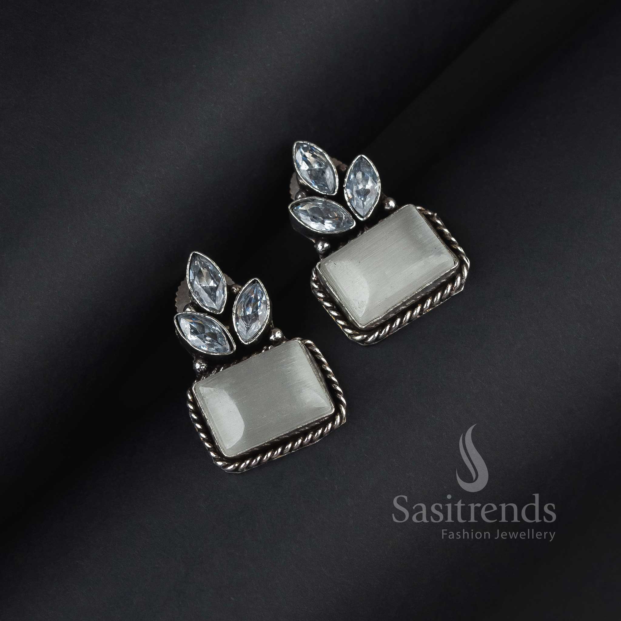 Elegant White Oxidised Silver Rectangular Earrings With Glowing Monalisa Stones And Shimmering AD Accents – Classic Traditional Jewellery Style - Sasitrends