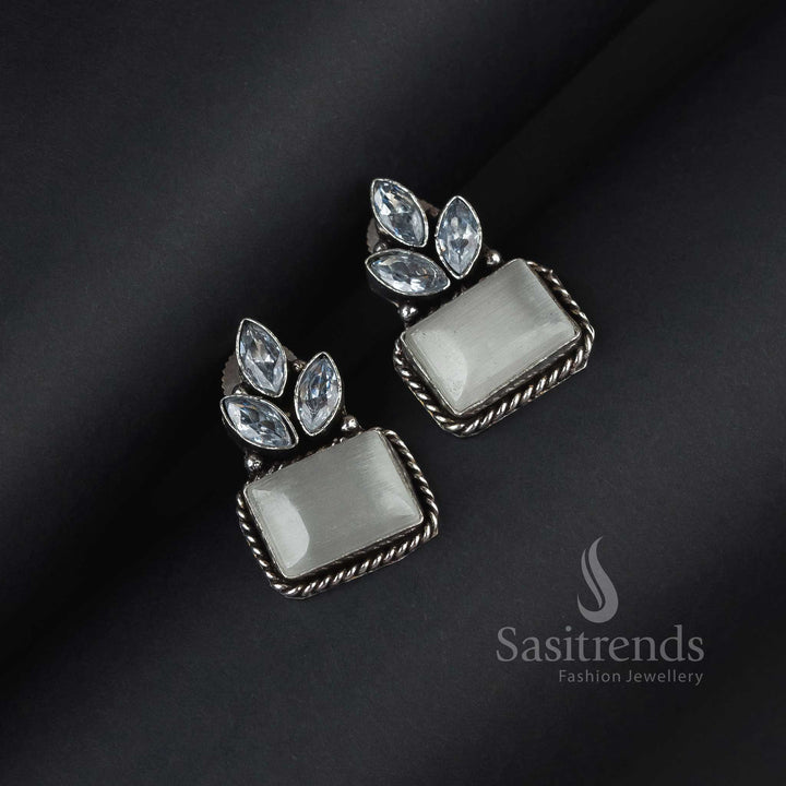 Elegant White Oxidised Silver Rectangular Earrings With Glowing Monalisa Stones And Shimmering AD Accents – Classic Traditional Jewellery Style - Sasitrends