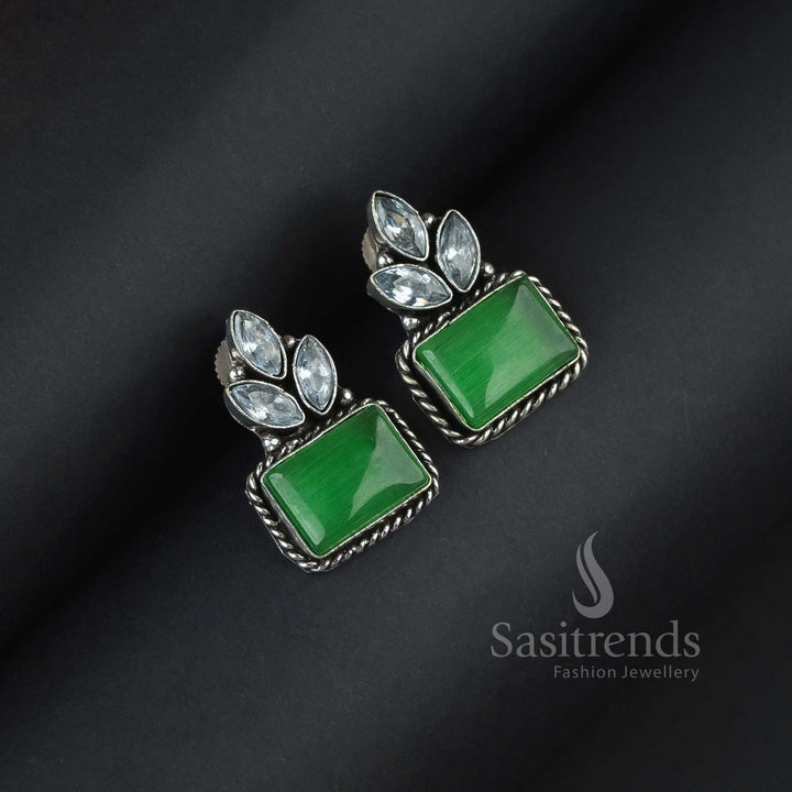Graceful Light Green Oxidised Silver Rectangular Monalisa Earrings With Elegant AD Sparkle – A Fresh Ethnic Jewellery Pick For Every Wardrobe - Sasitrends