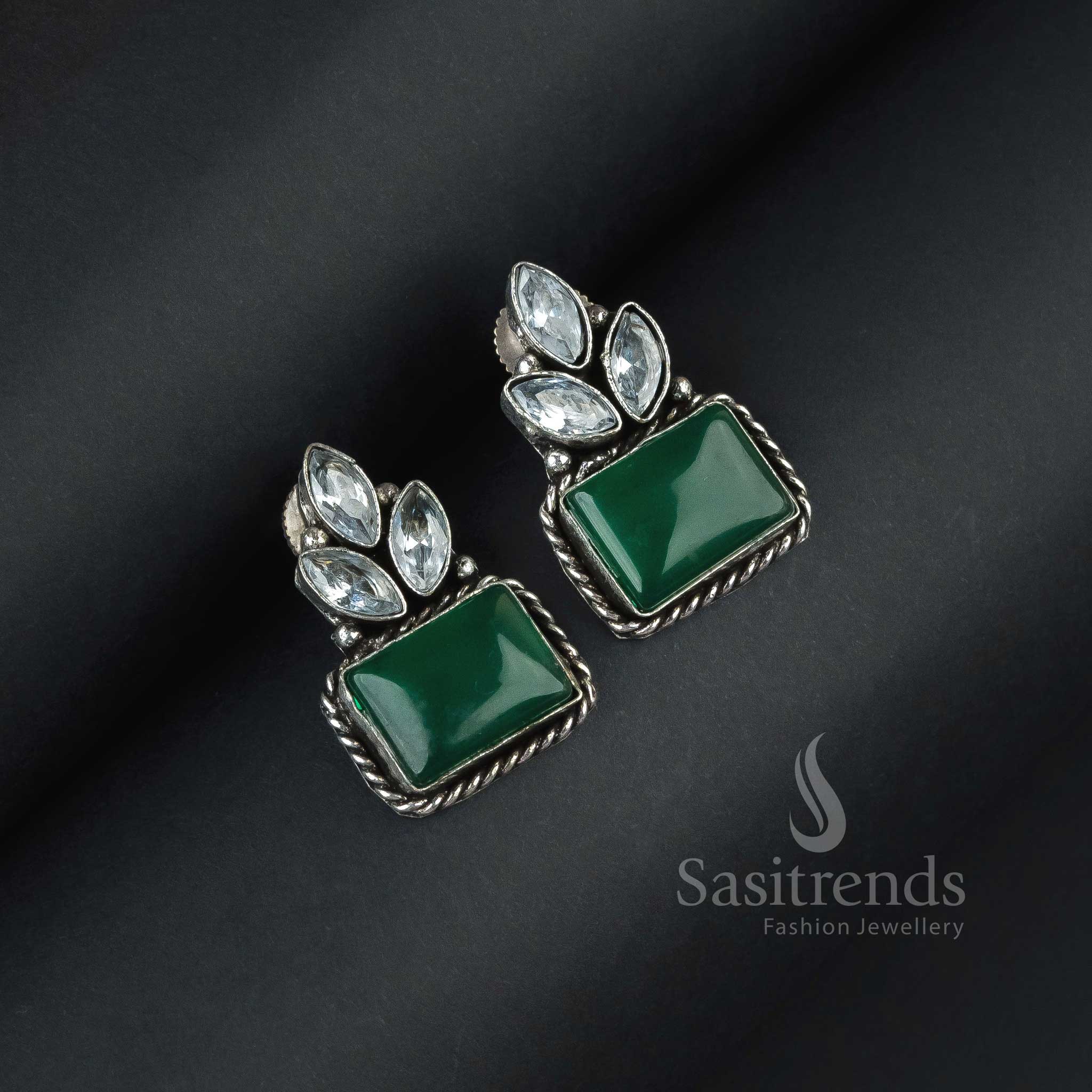 Regal Dark Green Oxidised Silver Rectangular Earrings Featuring Monalisa Brilliance And Glittering AD – A Rich Heritage Jewellery Set - Sasitrends