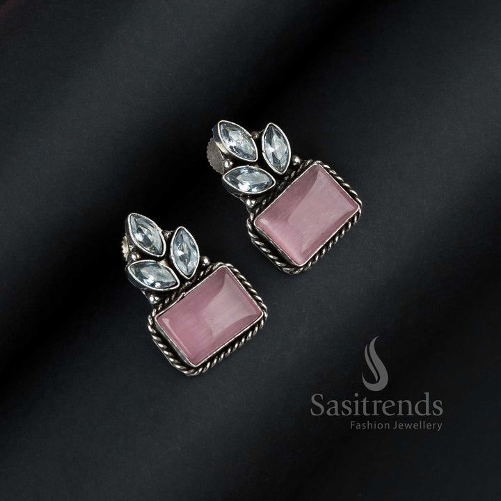 Romantic Pink Oxidised Silver Rectangular Monalisa Earrings Featuring Feminine Tones And AD Shimmer – A Stylish Jewellery Design For Modern Women - Sasitrends