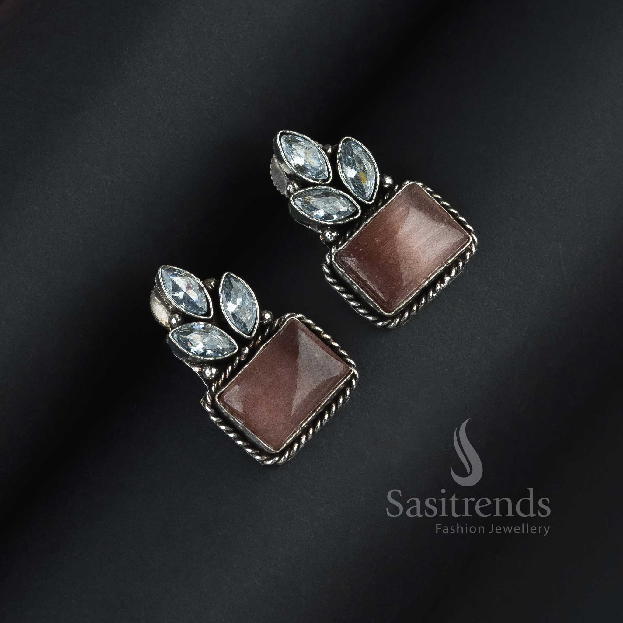 Soft Peach Oxidised Silver Rectangular Monalisa Earrings Embellished With Sparkling AD – A Delicate Designer Jewellery Piece For Classy Fashion - Sasitrends