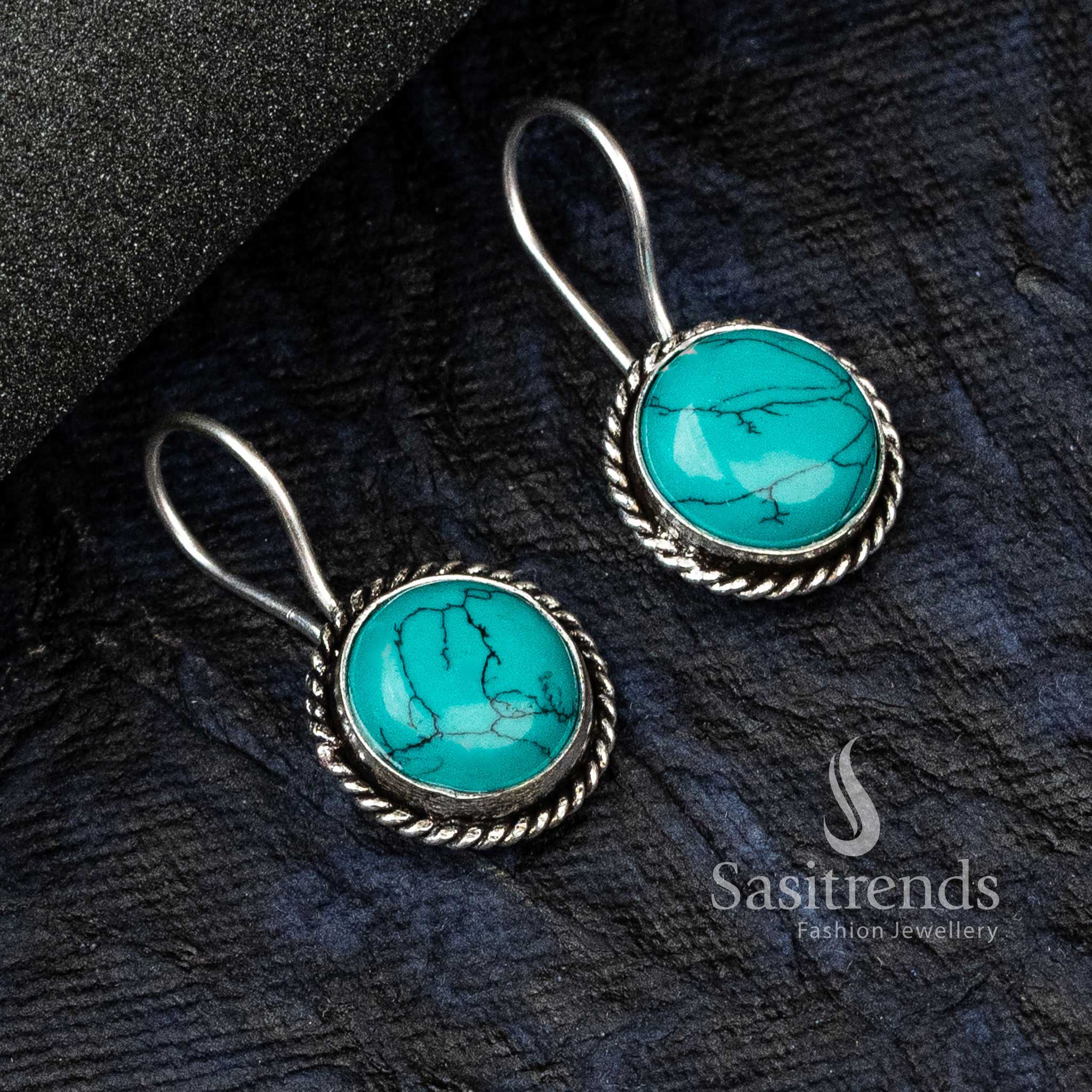 Bohemian Turquoise Oxidised German Silver Circular Earrings Showcasing Monalisa Glow And Earthy Artisanal Finish – A Unique Jewellery Creation - Sasitrends