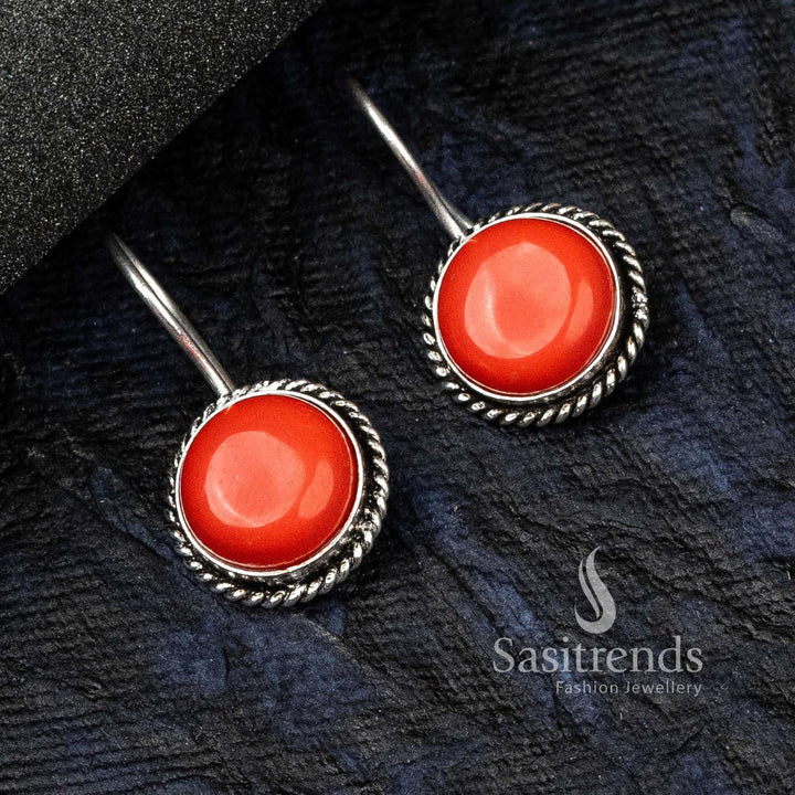 Bold Red Oxidised German Silver Circular Earrings Featuring Vintage-Touched Monalisa Stone – A Perfect Celebration Jewellery Choice - Sasitrends