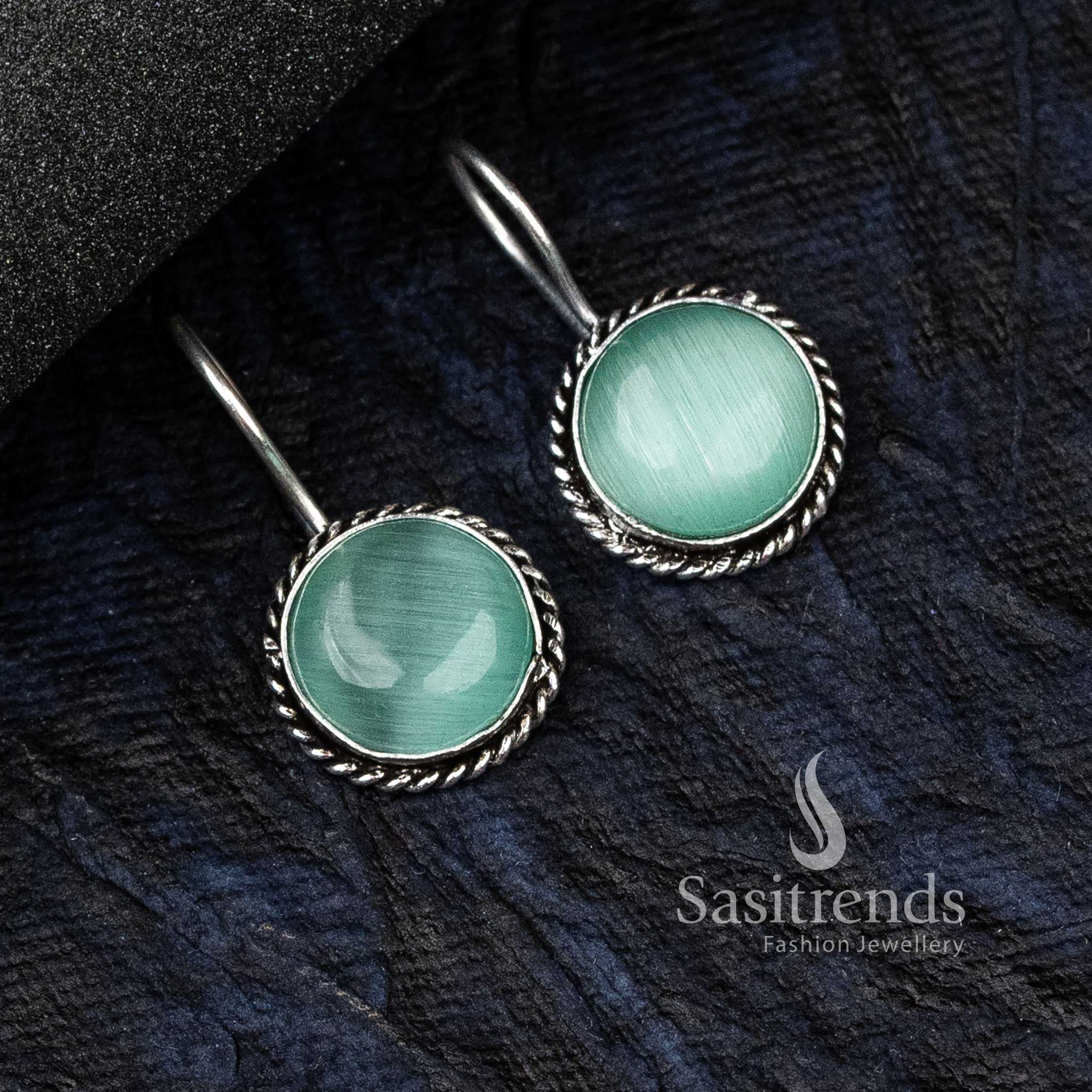 Chic Mint Oxidised German Silver Circular Earrings With A Glowing Monalisa Stone And Minimal Pattern – Contemporary Jewellery For Everyday Style - Sasitrends