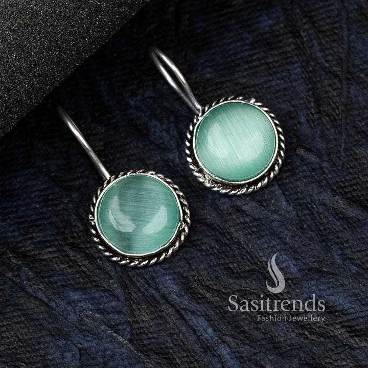Chic Mint Oxidised German Silver Circular Earrings With A Glowing Monalisa Stone And Minimal Pattern – Contemporary Jewellery For Everyday Style - Sasitrends