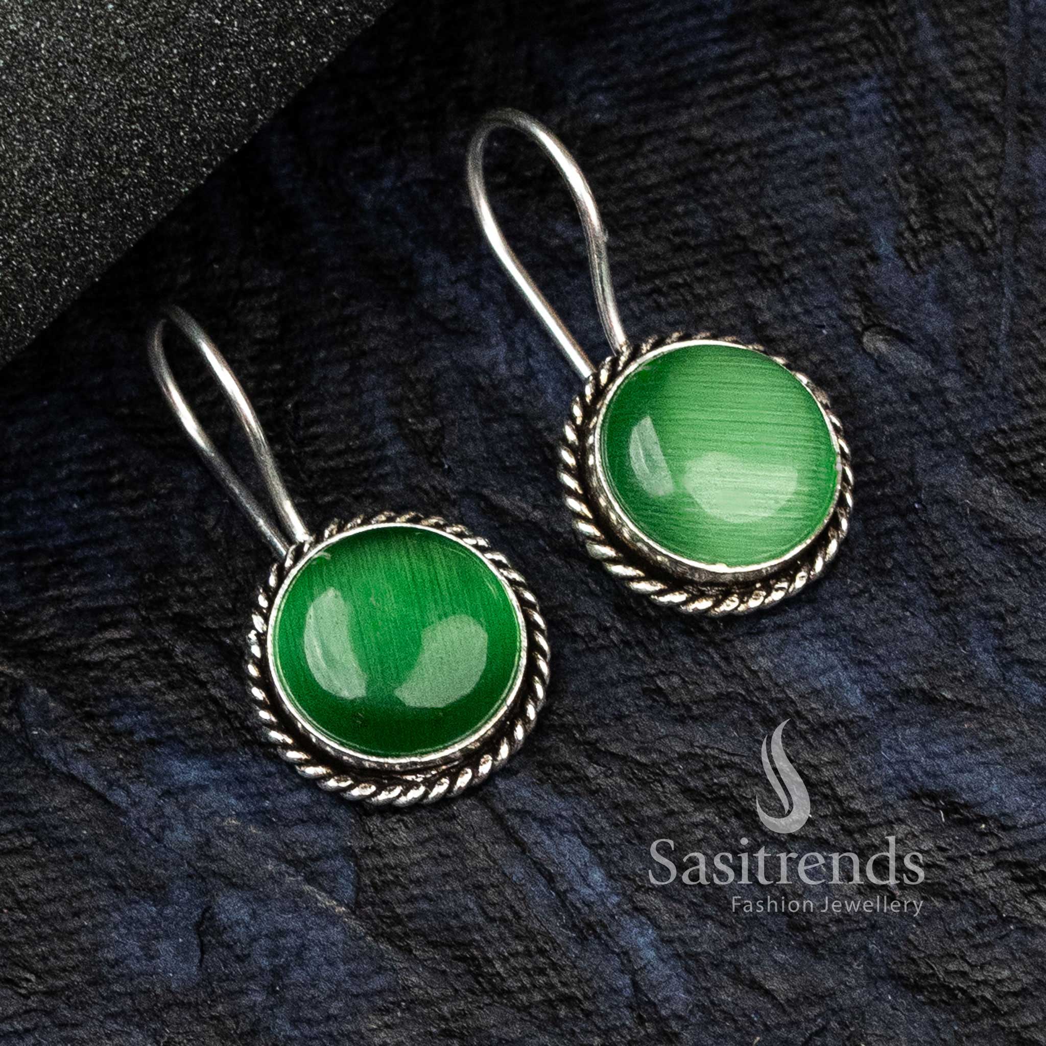 Fresh Light Green Oxidised German Silver Circular Earrings Highlighted By Floral Carvings And A Monalisa Gem – Graceful Jewellery For Every Day - Sasitrends