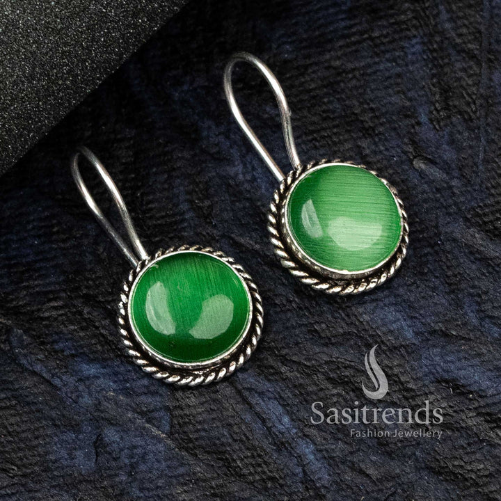 Fresh Light Green Oxidised German Silver Circular Earrings Highlighted By Floral Carvings And A Monalisa Gem – Graceful Jewellery For Every Day - Sasitrends