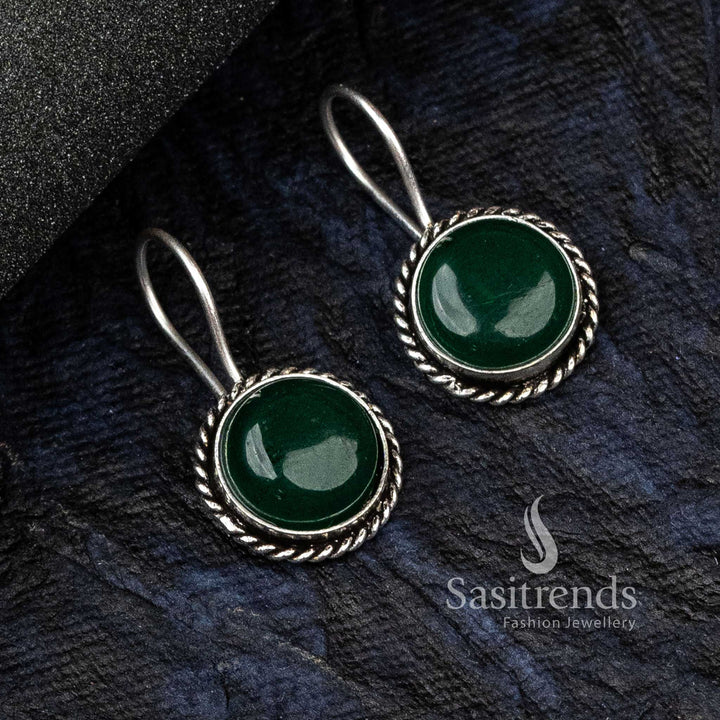 Majestic Dark Green Oxidised German Silver Circular Earrings With Ornate Detailing And Monalisa Stone – A Rich Ethnic Jewellery Creation - Sasitrends