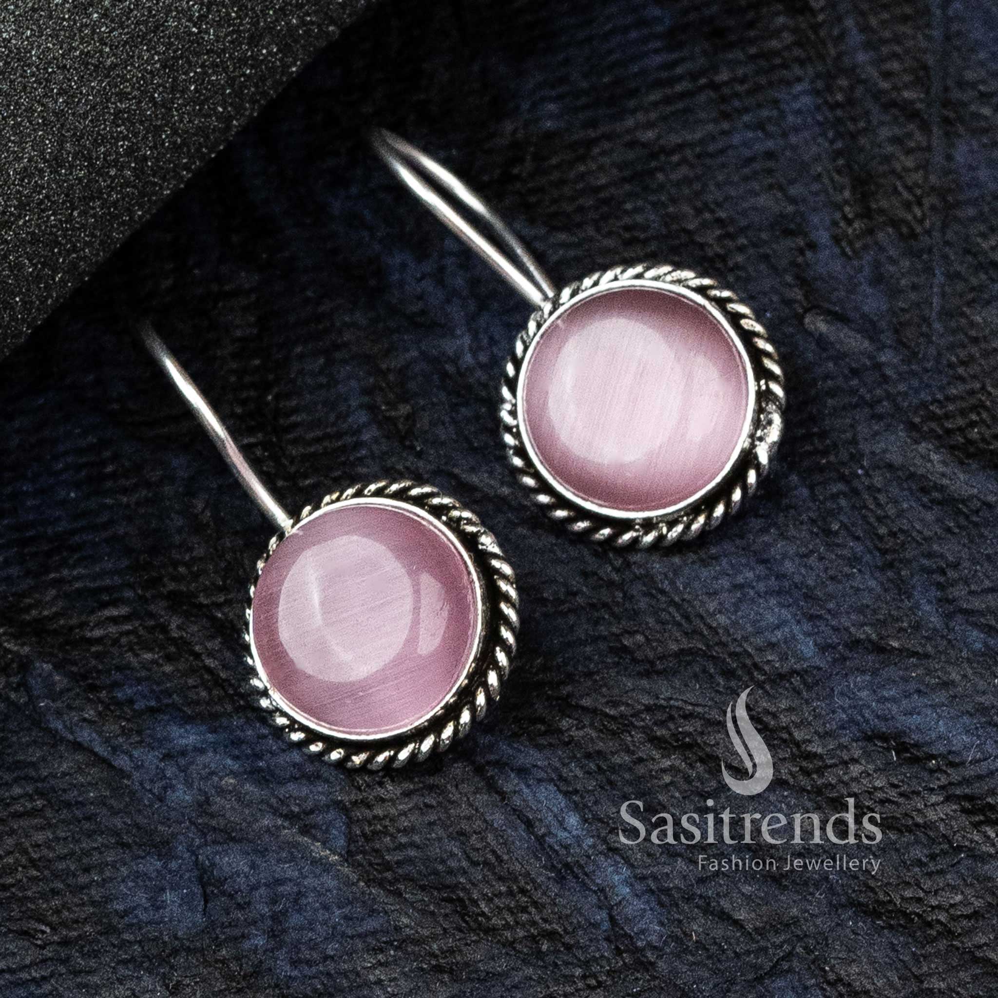 Romantic Pink Oxidised German Silver Circular Designer Earrings Featuring A Radiant Monalisa Stone – Fusion Fashion Jewellery With Feminine Charm - Sasitrends