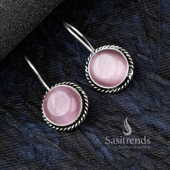 Romantic Pink Oxidised German Silver Circular Designer Earrings Featuring A Radiant Monalisa Stone – Fusion Fashion Jewellery With Feminine Charm - Sasitrends