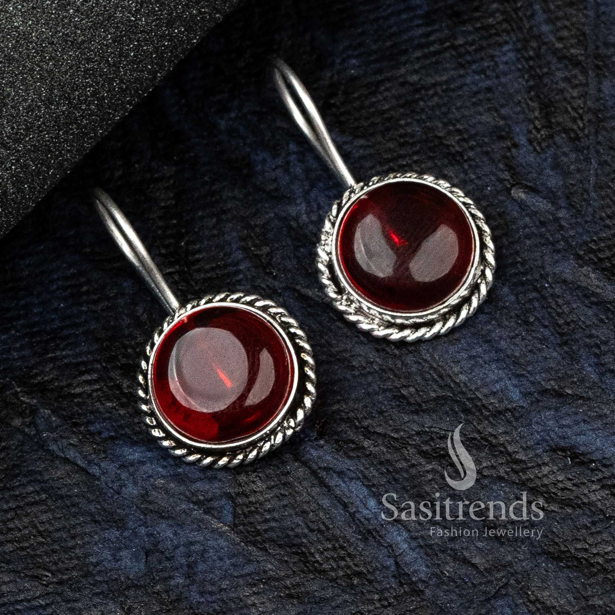 Royal Vinous Oxidised German Silver Circular Earrings Featuring Traditional Craftwork And A Gleaming Monalisa Gem – A Rich Jewellery Piece - Sasitrends