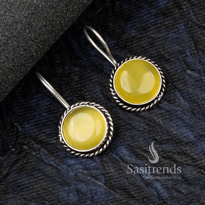 Sunny Yellow Oxidised German Silver Circular Earrings Designed With Artistic Cut Detailing And Monalisa Shine – A Delightful Festive Jewellery Pick - Sasitrends