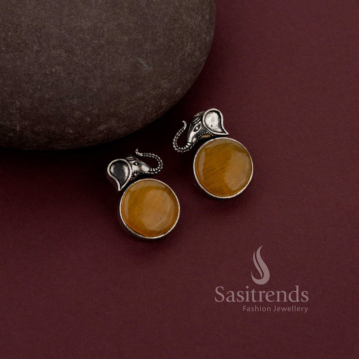 Opulent Vinous Oxidised Silver Elephant Designer Earrings Featuring Radiant Monalisa Stones – A Traditional Festive Jewellery Showpiece - Sasitrends