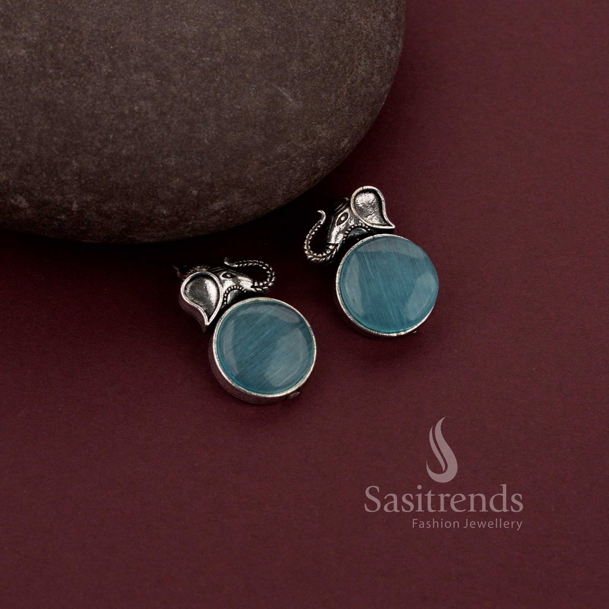 Oxidised Silver Elephant Designer Earrings Featuring Radiant Monalisa Stones – A Traditional Festive Jewellery Showpiece - Sasitrends