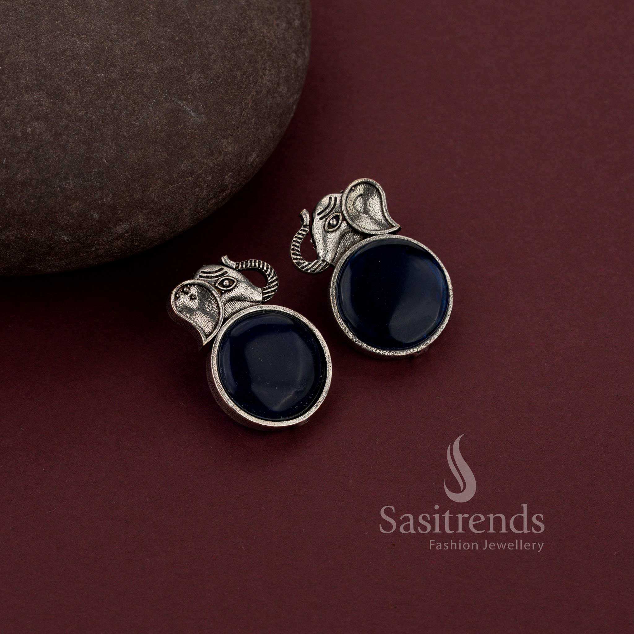 Opulent Vinous Oxidised Silver Elephant Designer Earrings Featuring Radiant Monalisa Stones – A Traditional Festive Jewellery Showpiece - Sasitrends