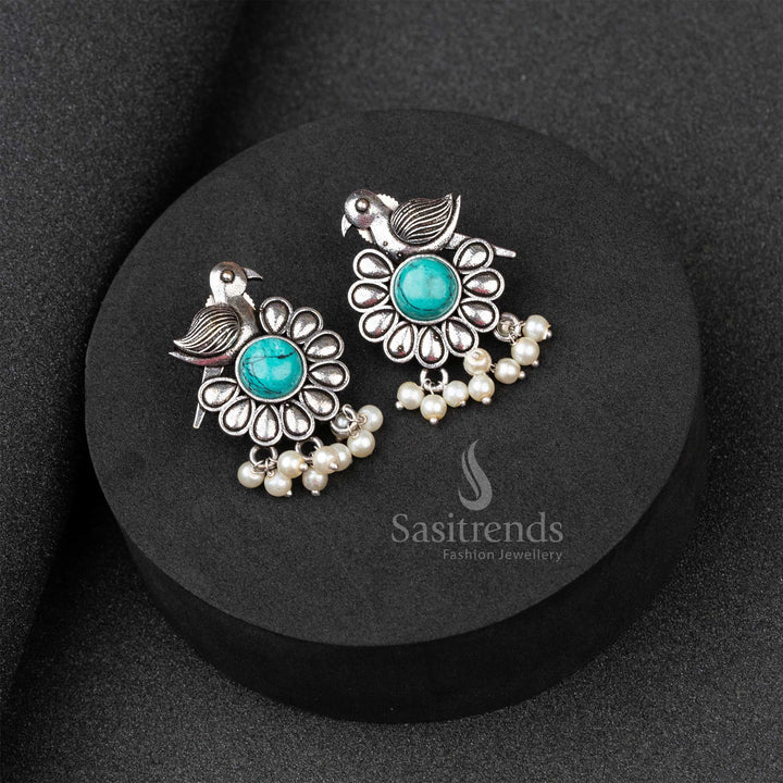 Exquisite Oxidised German Silver Earrings with Monalisa Stone and Pearls - Traditional Elegants