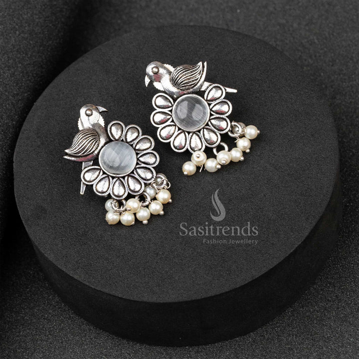 Elegant White Oxidised German Silver Earrings Featuring Floral Carving With Monalisa Glow And Dangling Pearls – A Classical Jewellery Treasure - Sasitrends