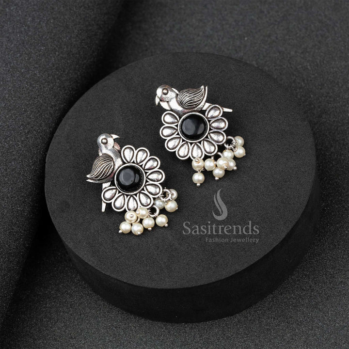Exquisite Black Oxidised German Silver Earrings With Radiant Monalisa Stone And Lustrous Pearls – A Royal Traditional Jewellery Highlight - Sasitrends