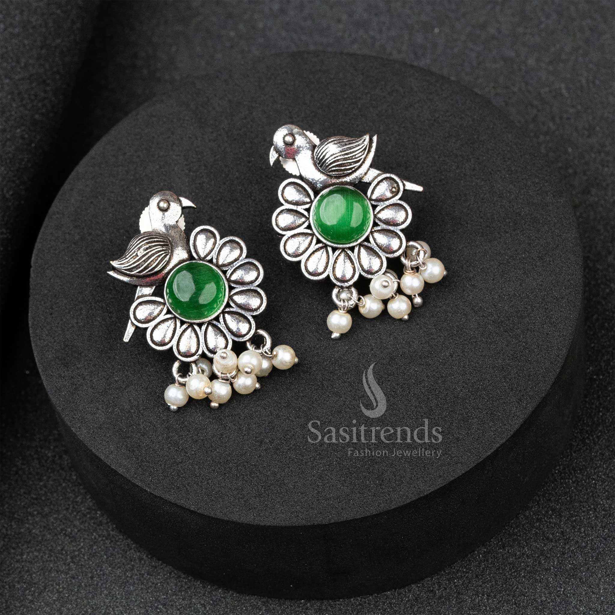 Fresh Light Green Oxidised German Silver Earrings With Glimmering Monalisa Stone And Subtle Pearl Hints – A Fusion Elegance Jewellery Pick - Sasitrends