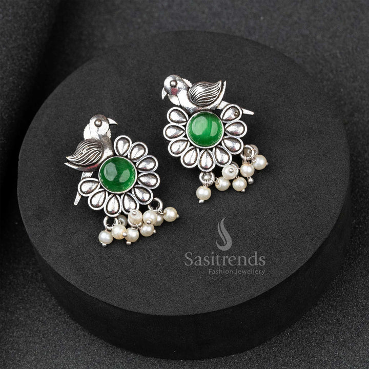 Fresh Light Green Oxidised German Silver Earrings With Glimmering Monalisa Stone And Subtle Pearl Hints – A Fusion Elegance Jewellery Pick - Sasitrends