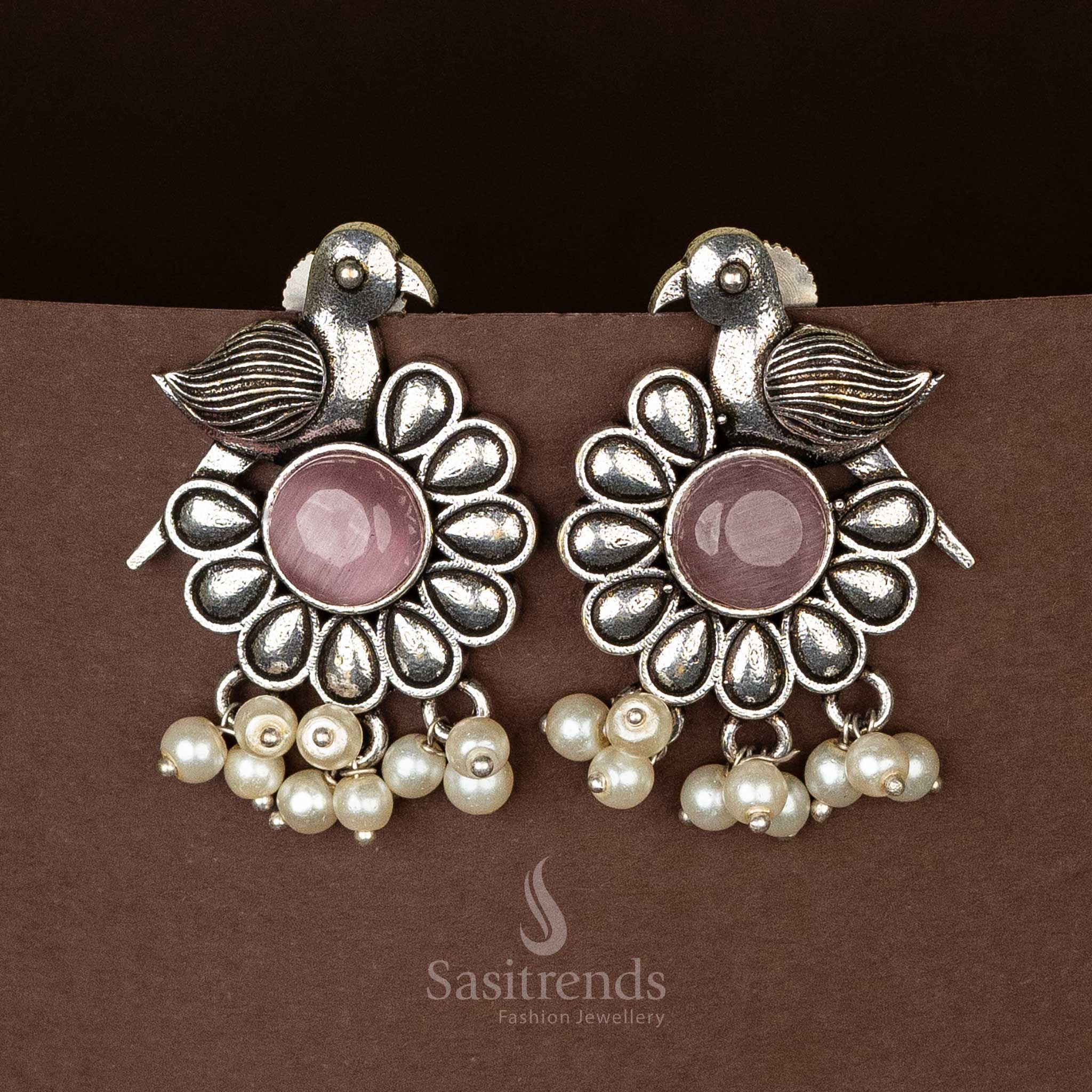 Soft Peach Oxidised German Silver Earrings With Artisan Touch, Glowing Monalisa Stone, And Pearl Danglers – An Ethnic Inspired Jewellery Style - Sasitrends