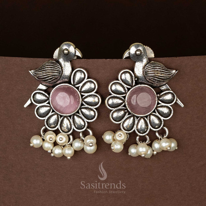 Soft Peach Oxidised German Silver Earrings With Artisan Touch, Glowing Monalisa Stone, And Pearl Danglers – An Ethnic Inspired Jewellery Style - Sasitrends