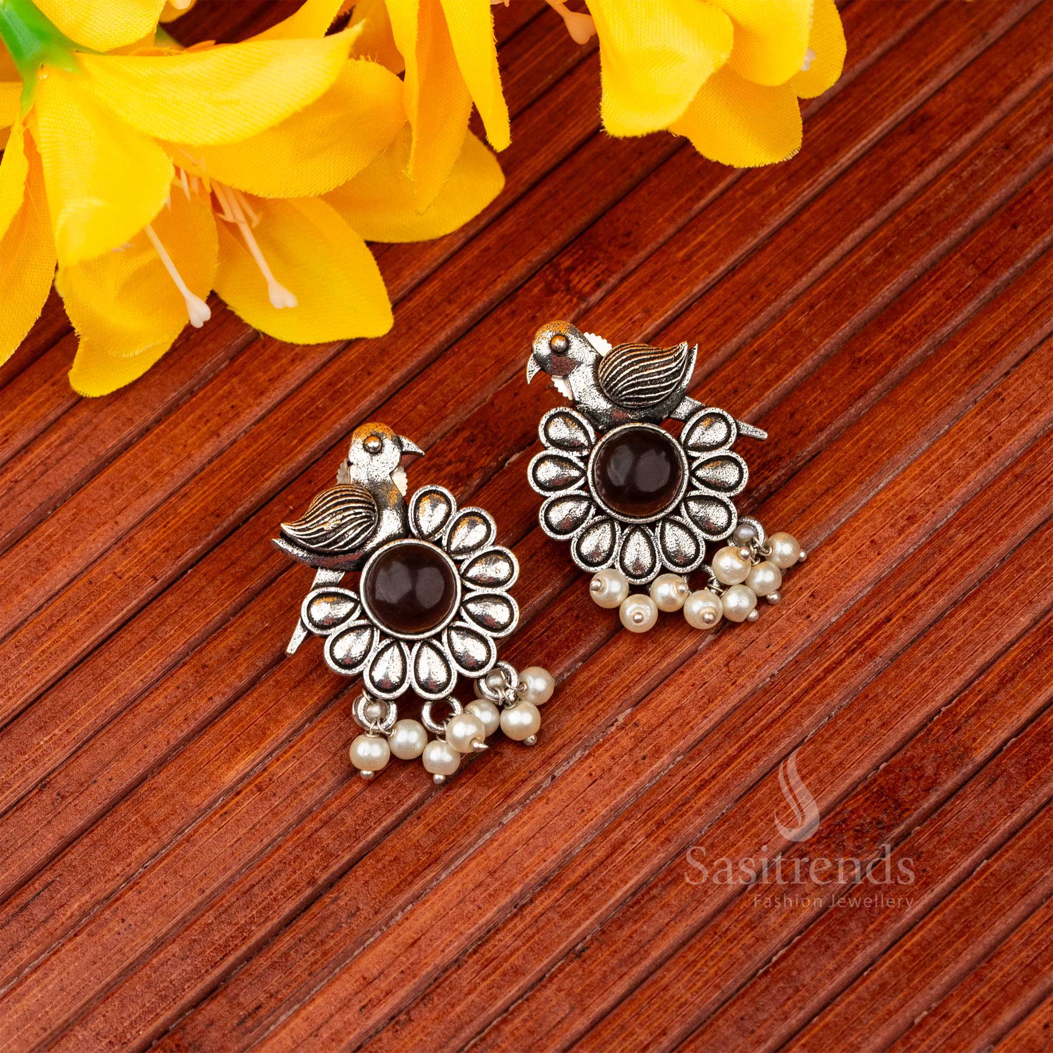 Royal Purple Oxidised German Silver Earrings Embellished With Radiant Monalisa Stone And Graceful Pearl Danglers – A Traditional Fusion Jewellery Marvel - Sasitrends