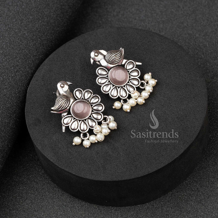 Soft Peach Oxidised German Silver Earrings With Artisan Touch, Glowing Monalisa Stone, And Pearl Danglers – An Ethnic Inspired Jewellery Style - Sasitrends