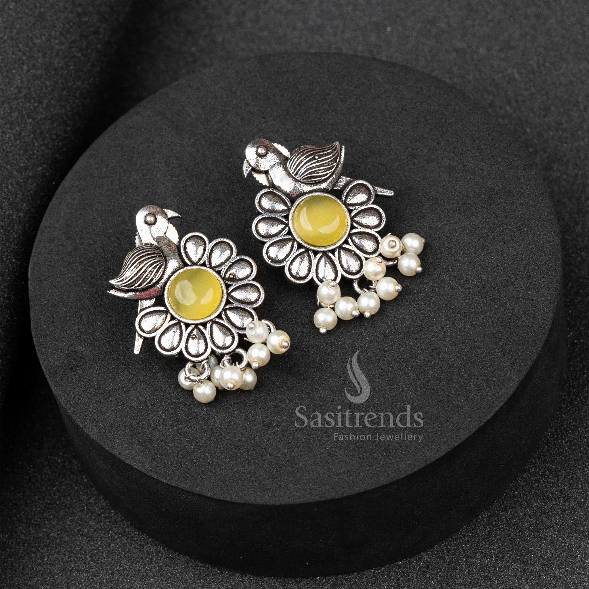 Sunny Yellow Oxidised German Silver Earrings With Glowing Monalisa Stone And Delicate Pearls – A Festive Jewellery Must-Have - Sasitrends