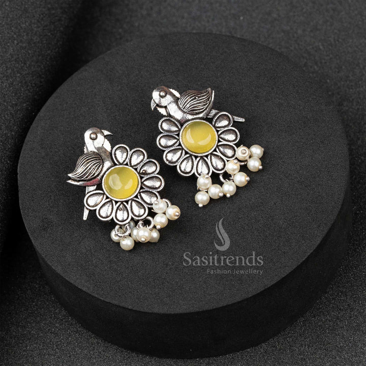Sunny Yellow Oxidised German Silver Earrings With Glowing Monalisa Stone And Delicate Pearls – A Festive Jewellery Must-Have - Sasitrends