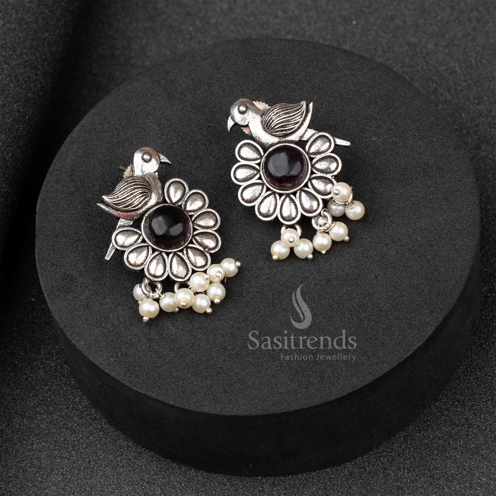 Vintage Vinous Oxidised German Silver Earrings With Monalisa Stone Glow And Pearl Tassels – A Refined Traditional Jewellery Creation - Sasitrends