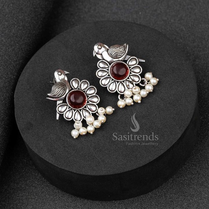 Vintage Vinous Oxidised German Silver Earrings With Monalisa Stone Glow And Pearl Tassels – A Refined Traditional Jewellery Creation - Sasitrends