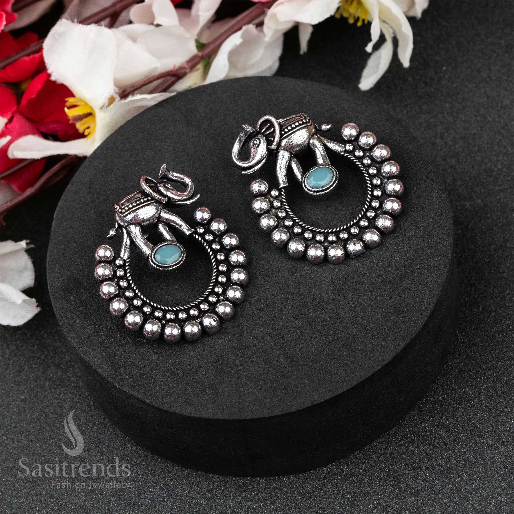 Boho Turquoise Oxidised German Silver Elephant Designer Earrings With Sparkling Monalisa Stones – A Tribal Chic Jewellery Piece - Sasitrends