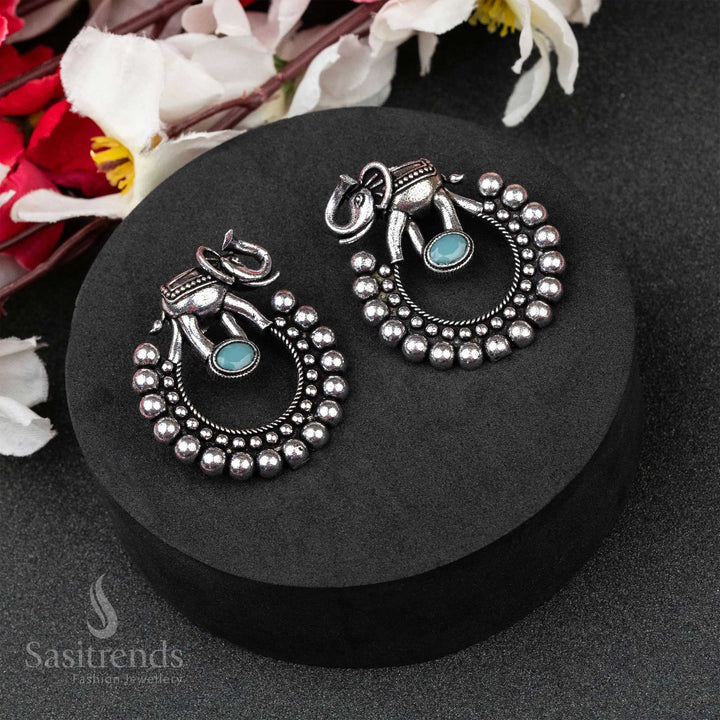 Boho Turquoise Oxidised German Silver Elephant Designer Earrings With Sparkling Monalisa Stones – A Tribal Chic Jewellery Piece - Sasitrends