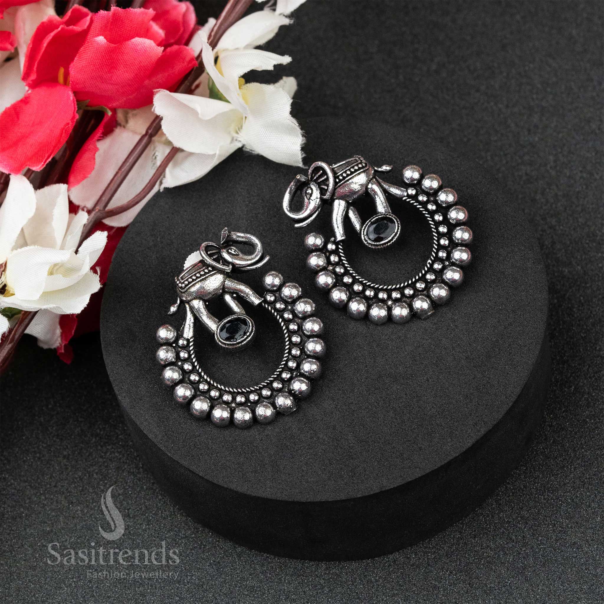 Elegant Black Elephant Designer Oxidised German Silver Earrings With Monalisa Stones – A Bold Tribal Statement Jewellery Piece - Sasitrends