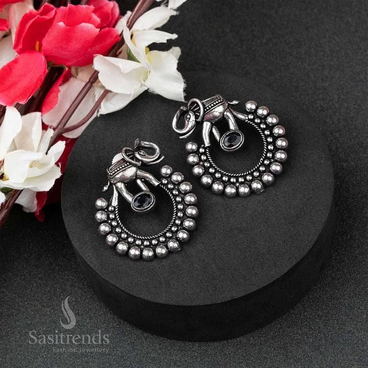 Elegant Black Elephant Designer Oxidised German Silver Earrings With Monalisa Stones – A Bold Tribal Statement Jewellery Piece - Sasitrends