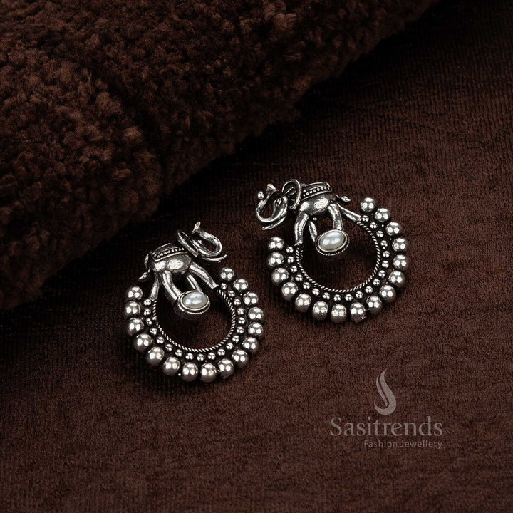 Graceful Pearl Elephant Designer Oxidised German Silver Earrings Embellished With Shimmering Monalisa Stones And Dangling Drop Pearls – A Royal Heritage Style Jewellery Creation - Sasitrends