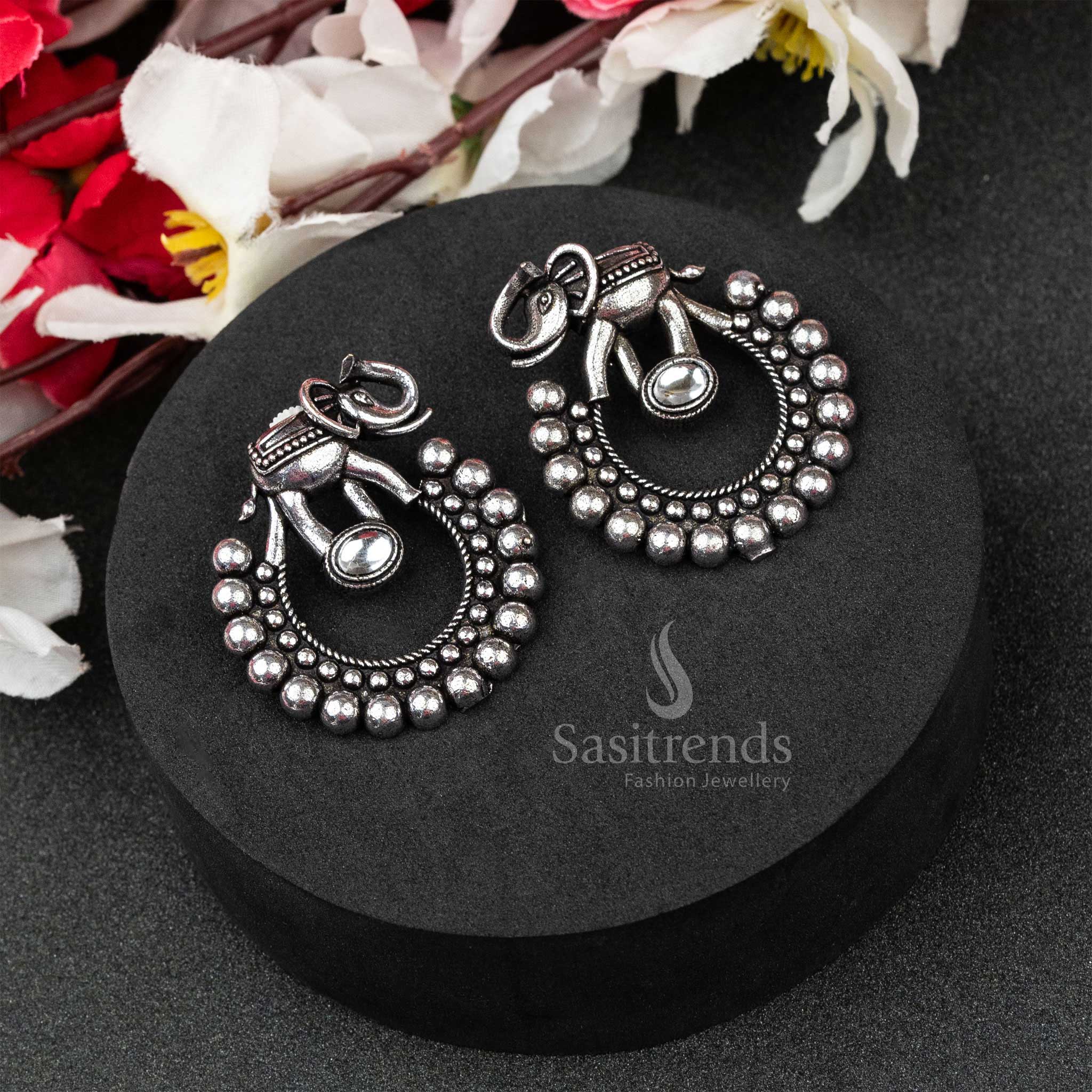 Graceful White Oxidised German Silver Elephant Earrings Embellished With Monalisa Stone And Carved Detailing – A Traditional Style Jewellery Highlight - Sasitrends