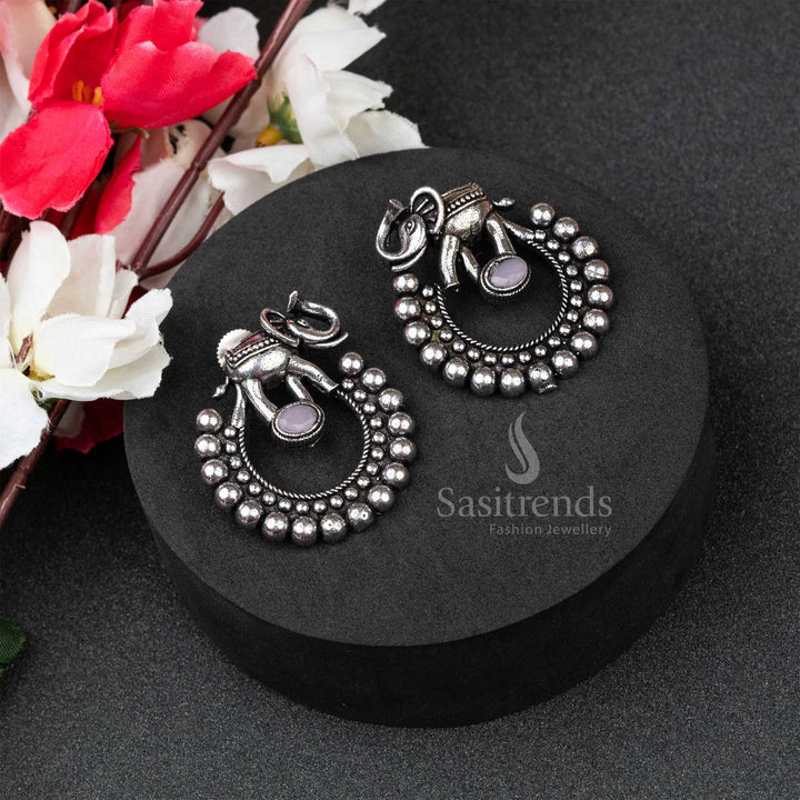 Romantic Pink Oxidised German Silver Elephant Pattern Earrings Featuring Radiant Monalisa Stone – A Feminine Fusion Jewellery Favourite - Sasitrends