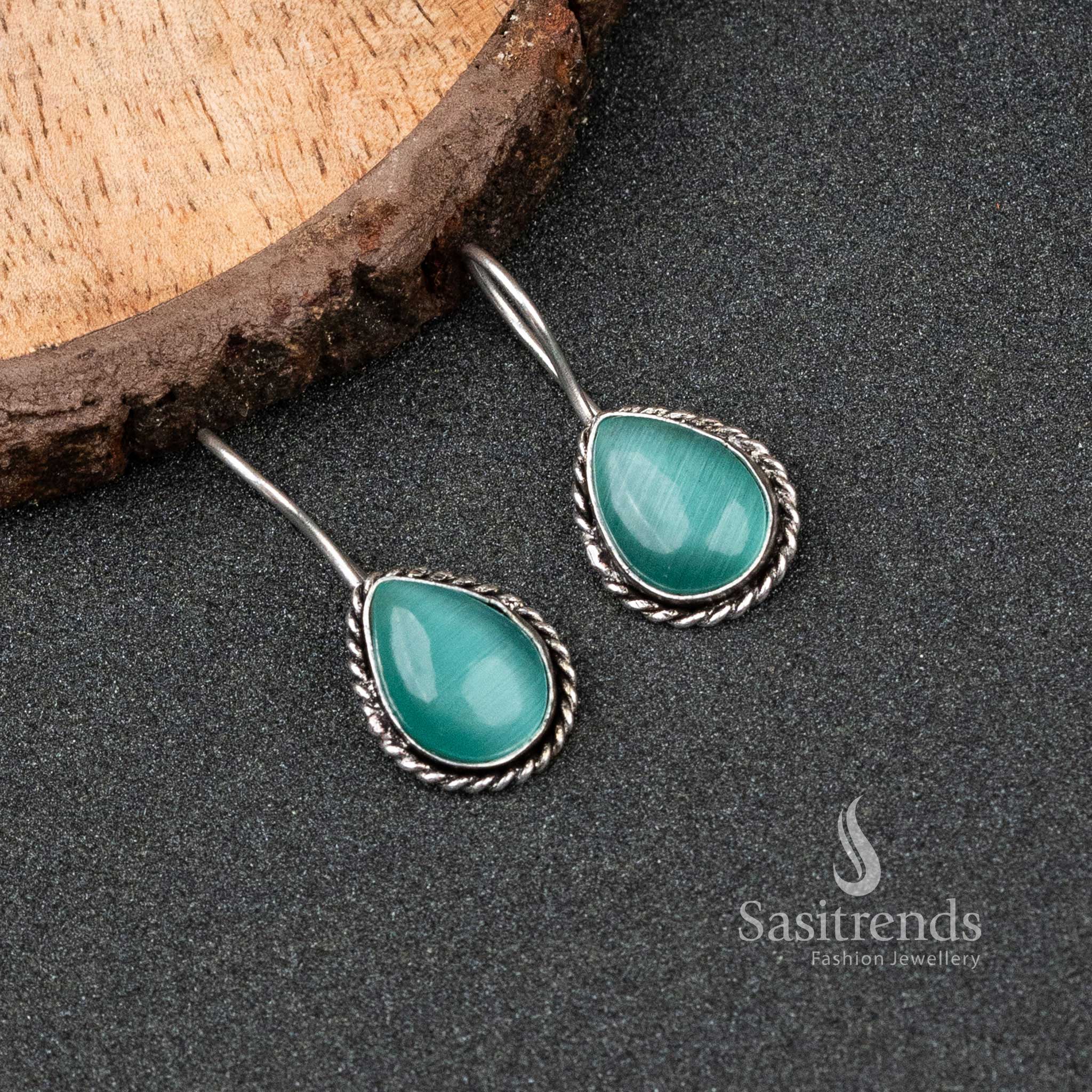 Party Wear Oxidized German Silver Water Drop Monalisa Stone Earrings 