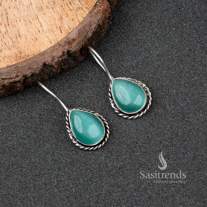Party Wear Oxidized German Silver Water Drop Monalisa Stone Earrings 