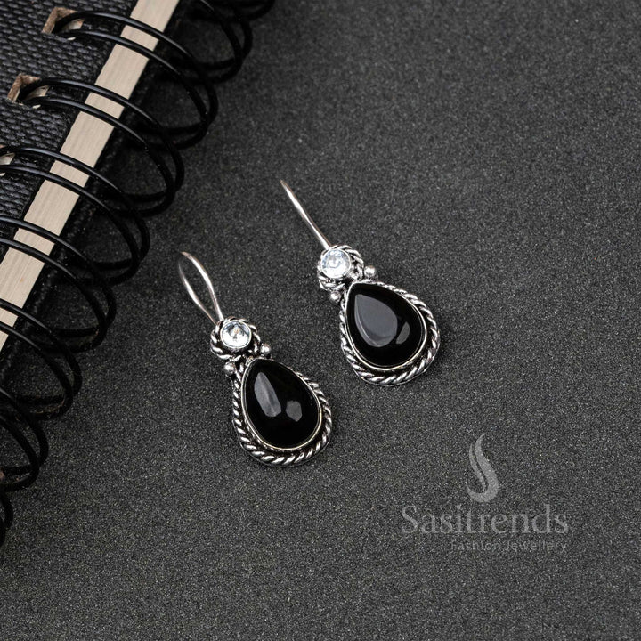 Charming Black Oxidised Silver Water Drop Earrings Featuring Monalisa And Sparkling AD Stones – A Tribal Glam Jewellery Favourite - Sasitrends